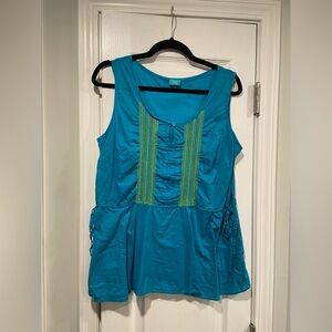 Calypso Size L Turquoise Lightweight Cotton Embroidered Cinch Bow Tank Top